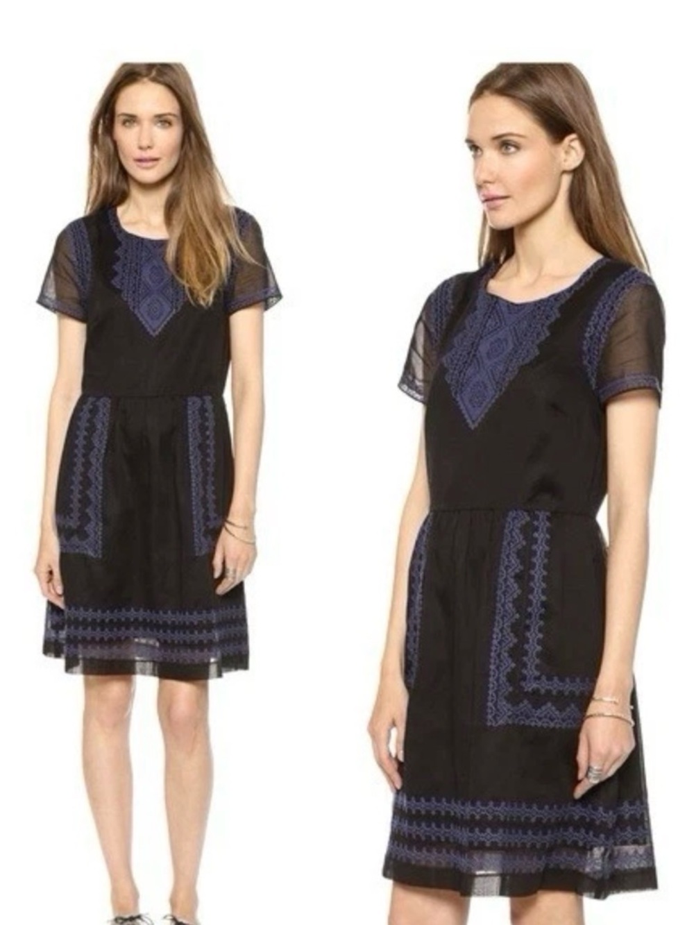 Madewell Augustine Dress Size 4 Black blue Embroidered Cotton boho